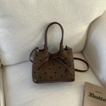 Borsa a tracolla vintage in tweed marrone con pois neri e decorazione fiocco in pelle - Marrone