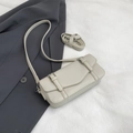 Minimalist beige-grey square shoulder bag in lychee pattern leather with silver buckles - White