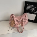 Pink corduroy tote bag detail with black heart bow prints and brown plush bear charm - With Charm / Pink