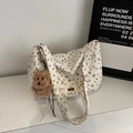 Detail of corduroy tote bag with heart patterns and plush bear keychain accessory - With Charm / Off White