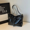 Minimalist black glossy tote bag with golden buckle and wide shoulder strap - Black