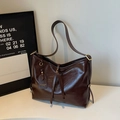 Minimalist large capacity tote bag in dark chocolate waxed faux leather texture - Brown