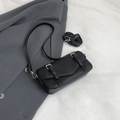 Minimalist black square crossbody bag with lychee texture and silver buckles - Black