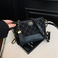 Black and white quilted crossbody bag with gold chain and suede leather patchwork detail - Black without Pendant