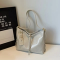Minimalist pearl white large capacity tote bag with glossy leather finish and thin straps - White
