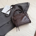 Chic brown soft leather tote bag with shoulder strap and minimalist pendant - Coffee / Small