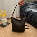 Chic dark brown pebbled PU leather bucket bag with adjustable shoulder strap for women - Brown