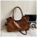 Sac fourre-tout marron en cuir PU brillant avec plis à cordon et bandoulière réglable - Brun Sans Pendentif