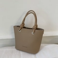 Beige lychee pattern bucket bag with round handles and decorative knot details - Without Baseball Charm / Brown