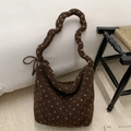 Brown fluffy teddy fleece tote bag with white polka dots and wavy wide shoulder strap - Brown