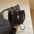 Dark brown matte leather bucket bag with white contrast stitching and silver metal buckle - Coffee without Pendant