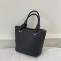 Fashionable black lychee textured bucket bag with round handles and FASHION & BAGS lettering - Without Baseball Charm / Black