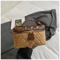 Quilted leather crossbody bag in brown and khaki with gold zippers and top handle - Khaki