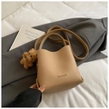 Beige lychee leather bucket bag with bear pendant and adjustable long strap - Khaki with Pendant