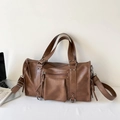 Vintage brown PU leather tote bag with rivets, zippers and adjustable shoulder strap - Brown