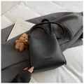 Chic black litchi pattern leather bucket bag with a cute brown plush bear charm - Black with Pendant