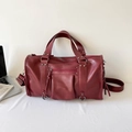 Retro burgundy oversized faux leather boston bag with studs and long tassel straps - Red