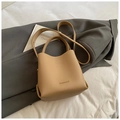 Light brown lychee textured leather bucket bag with top handle and crossbody strap - Khaki (No Pendant)