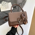 Brown houndstooth crossbody bag with heart pendant and round metal buckle detail - Brown