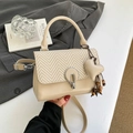 Fashionable beige patchwork crossbody bag with woven texture and beaded charm - Khaki