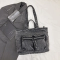Chic acid wash black denim tote bag with functional double zipper front pockets - Black