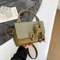 Olive green leather and houndstooth crossbody bag with heart charm and wood beads - Green
