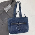 Dark blue denim tote bag with four handles and two front zipper pockets on white fabric - Dark Blue