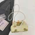 Light green silk embroidered bag with traditional bamboo prints and pearl chain - Style 1 (Light Green Floral and Bird Pattern)
