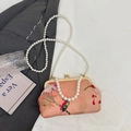 Pink satin clutch bag with flower bird painting and pearl handle for Hanfu style - Style 2 (Pink Rose Pattern)
