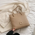 Khaki pleated tote bag with vertical stripes and square faux leather patch detail - Khaki