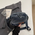 Retro washed denim blue crossbody bag with double tassel zippers and wide shoulder strap - Dark Blue