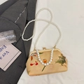 Vintage beige bird and floral embroidered bag with pearl straps and metal clasp - Style 3 (Beige Maple Leaf and Bird Pattern)