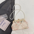 Vintage style lotus embroidery pearl handbag with floral patterns and bead strap - Style 4 (Beige Pastoral Floral Pattern)