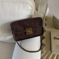 Detail of vintage brown suede crossbody bag with gold chain and metal buckle detail - Retro Small Square Bag / Coffee (Suede Texture)