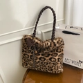 Fuzzy leopard print tote bag with brown woven handle and plush charm accessory - Brown with Pendant