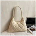 Quilted cream hobo shoulder bag with classic lattice pattern for daily office wear - White Without Pendant