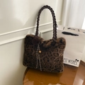 Leopard print plush tote bag with woven handles and a small golden bell charm - Coffee with Pendant
