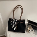 Black vintage tote bag with brown handles and a silk scarf for 2025 winter commute - Black without Pendant