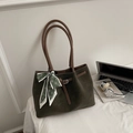 Olive green suede tote bag with brown leather handles and decorative fashion scarf - Green Without Pendant