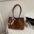 Brown faux suede tote bag with a decorative fashion silk scarf and metal hardware - Brown No Pendant