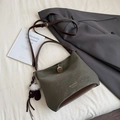 Minimalist olive green crossbody bag with vintage brown accents and plush ball charm - Green with Pendant
