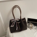 Retro coffee suede tote bag with brown leather handles and fashion printed scarf - Coffee No Charm