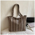 Borsa tote in tela a righe marrone scuro con ricamo a fiocco bianco e grande capacità - Marrone