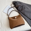 Chic vintage brown suede shoulder bag with gold metal pendant and adjustable strap - Brown No Pendant
