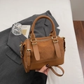 Brown woven suede Boston handbag with dual top handles and adjustable shoulder strap - Brown No Pendant