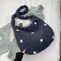 Fuzzy dark blue star print tote bag with soft plush texture and trendy shoulder strap - Blue