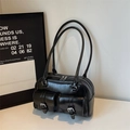 Retro black faux leather shoulder bag with double front flap pockets and silver hardware - Black without Pendant