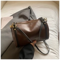 Vintage brown leather Boston bag with black shoulder strap and gold metallic hardware - Brown