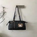 Black vintage leather tote bag with stylish plaid bow and cute bear charm accessory - Black With Pendant