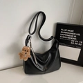 Chic black PU leather hobo bag for women with a cute brown bear charm and woven strap - Black (With Charm)